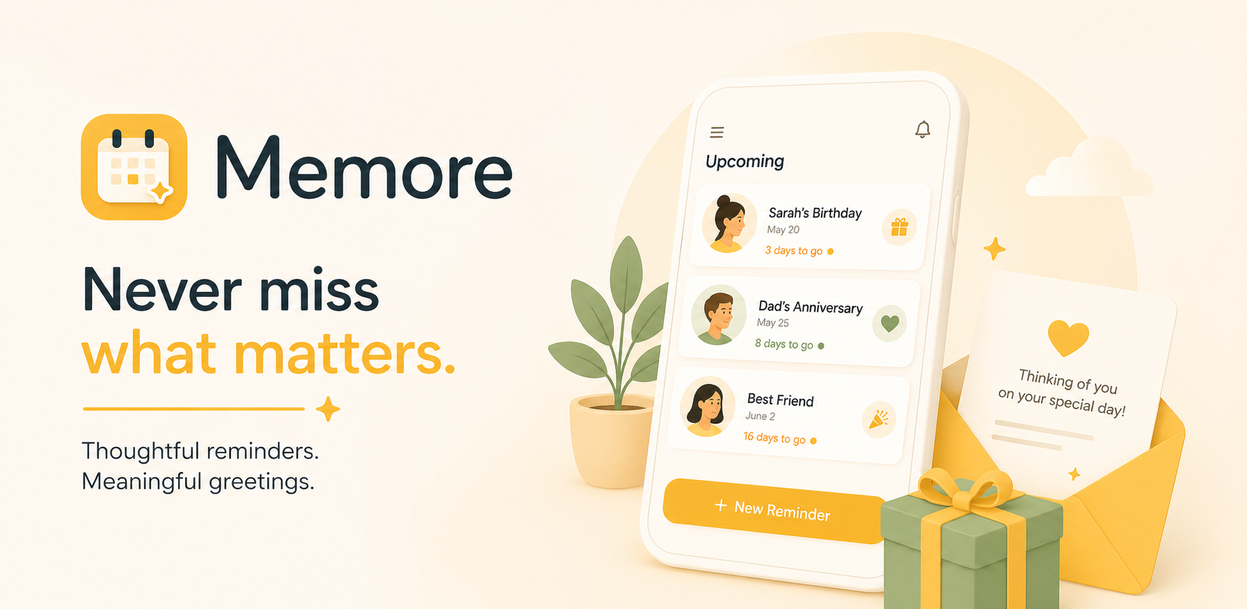 Memore showing upcoming birthdays, anniversaries, and thoughtful greeting messages